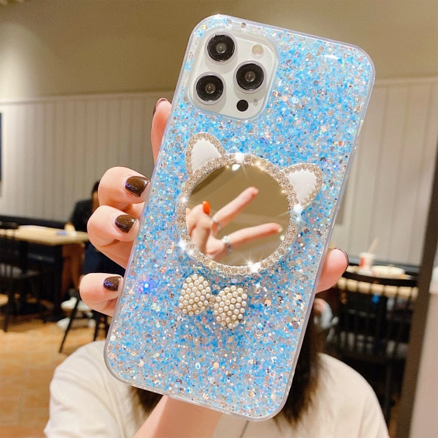 Cute Makeup Mirror Glitter iPhone Case-Fonally-For iPhone 13 Pro Max-Blue-