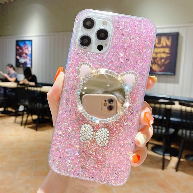 Cute Makeup Mirror Glitter iPhone Case-Fonally-For iPhone 13 Pro Max-Pink-