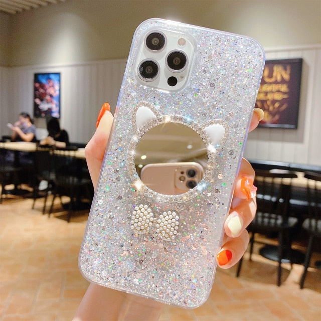 Cute Makeup Mirror Glitter iPhone Case-Fonally-For iPhone 13 Pro Max-White-