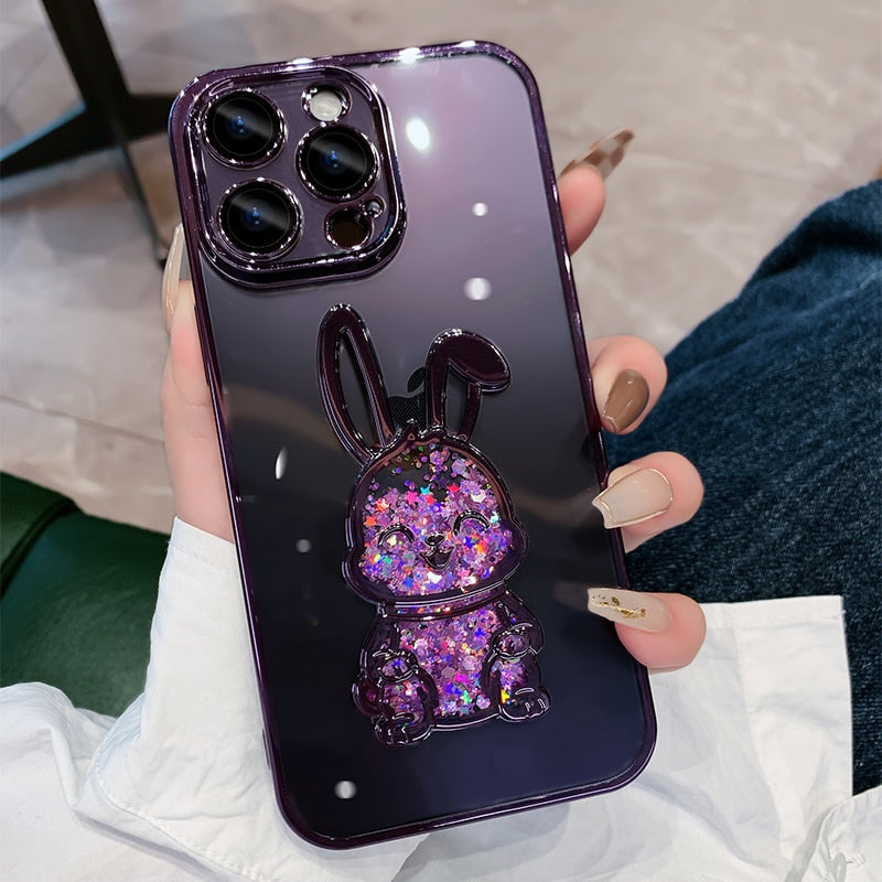 Cute Rabbit Quicksand Glitter iPhone Case-Fonally-For iPhone 14-Purple-