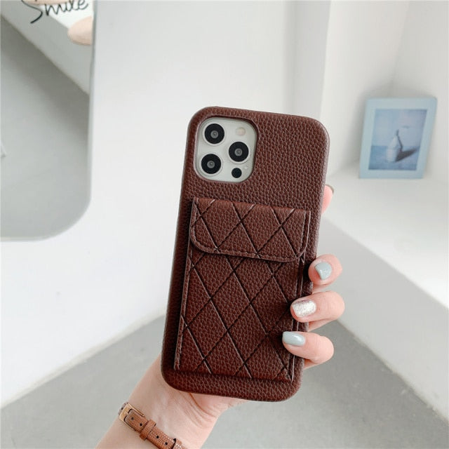 Diamond Pattern Leather Like Wallet iPhone Case-Fonally-For iPhone 13 Pro Max-Brown-