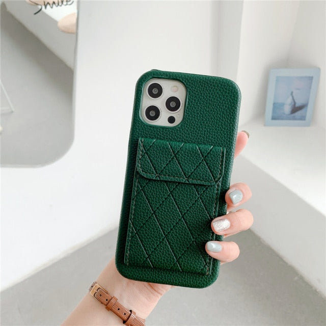 Diamond Pattern Leather Like Wallet iPhone Case-Fonally-For iPhone 13 Pro Max-Dark Green-