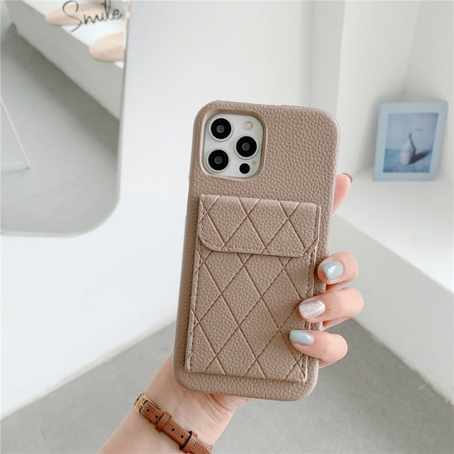 Diamond Pattern Leather Like Wallet iPhone Case-Fonally-For iPhone 13 Pro Max-Khaki-