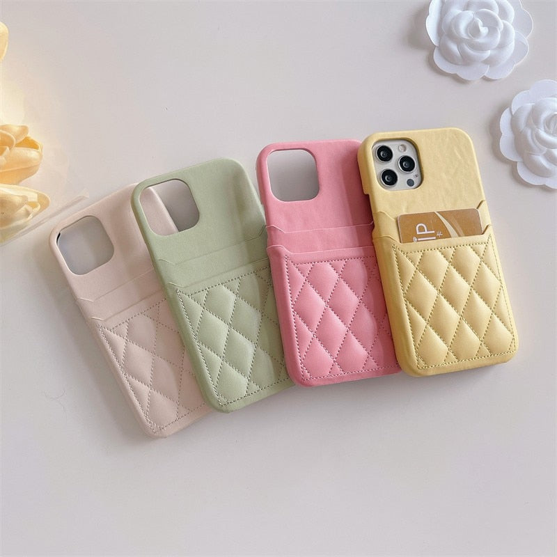 Double Layer Card Holder Diamond Pattern iPhone Case-Fonally-