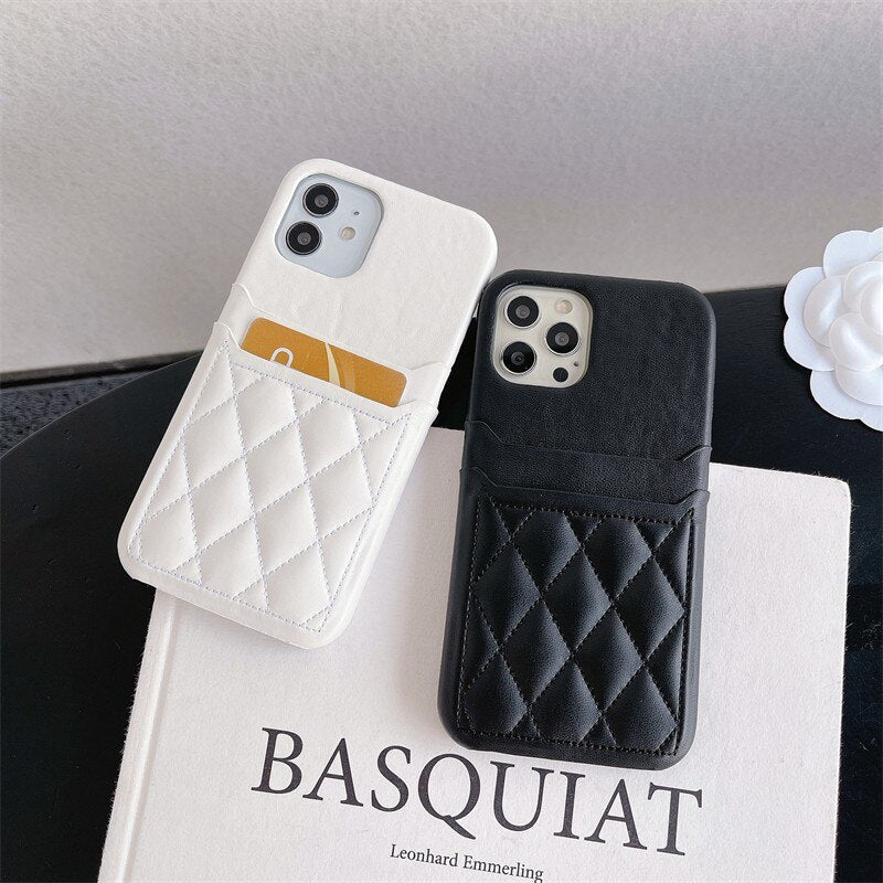 Double Layer Card Holder Diamond Pattern iPhone Case-Fonally-