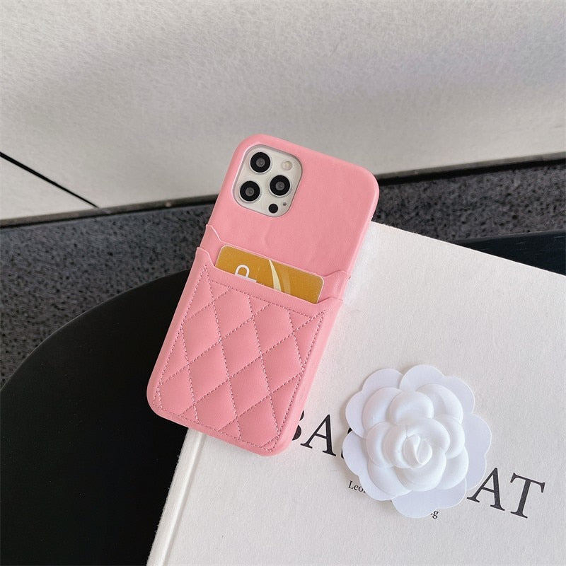 Double Layer Card Holder Diamond Pattern iPhone Case-Fonally-