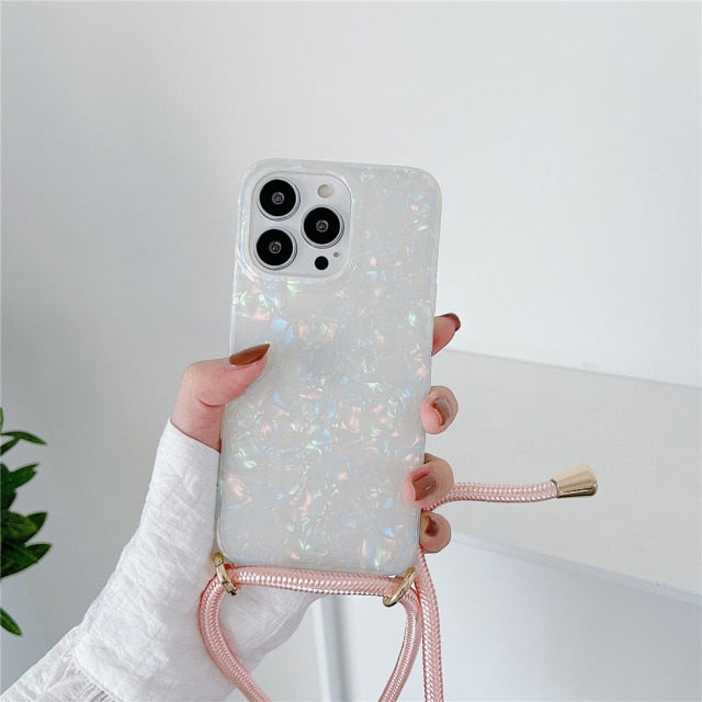 Dreamy Pearl Marble iPhone Case with Lanyard-Fonally-For iPhone 13 Pro Max-White-