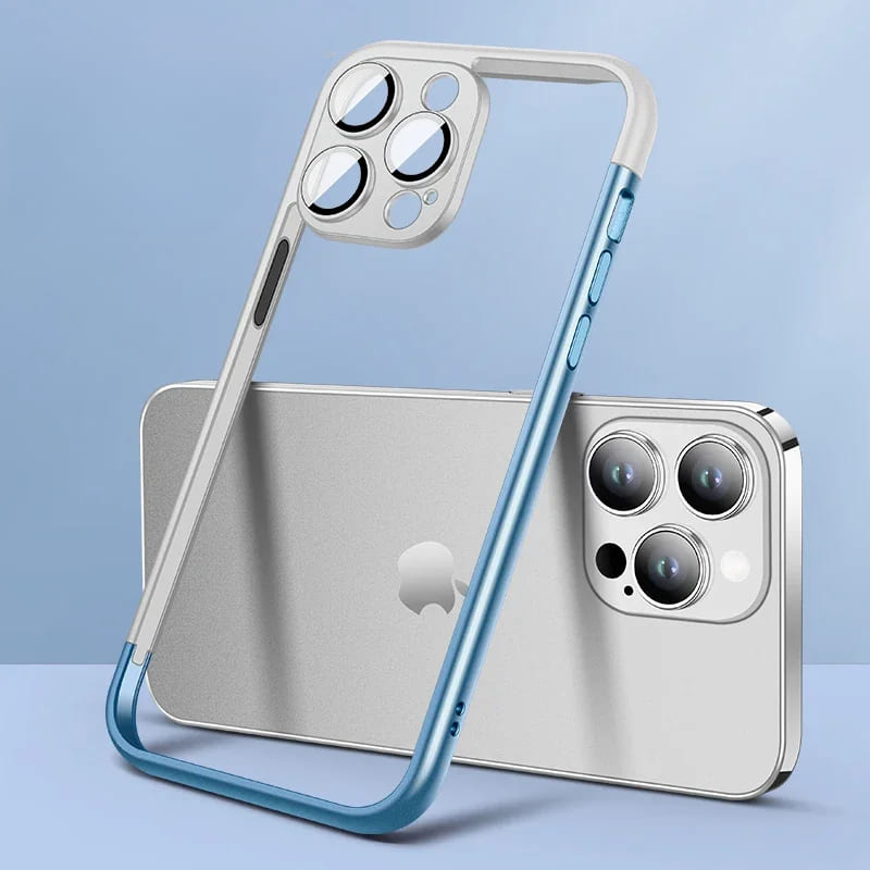 Dual Bracket iPhone Frame with Glass Camera Lens-Fonally-For iPhone 15 Pro Max-White Blue-