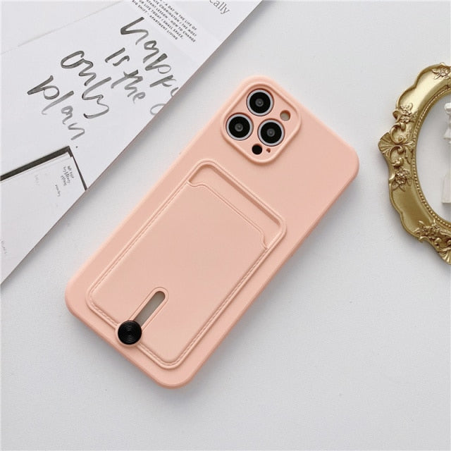 Embedded Wallet Silicone iPhone Case with Push Slider-Fonally-For iPhone 13 Pro Max-Pink-