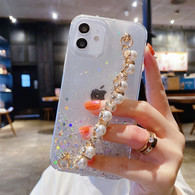 Glitter iPhone Case with Pearl Chain-Fonally-For iPhone 12 Pro Max-White-