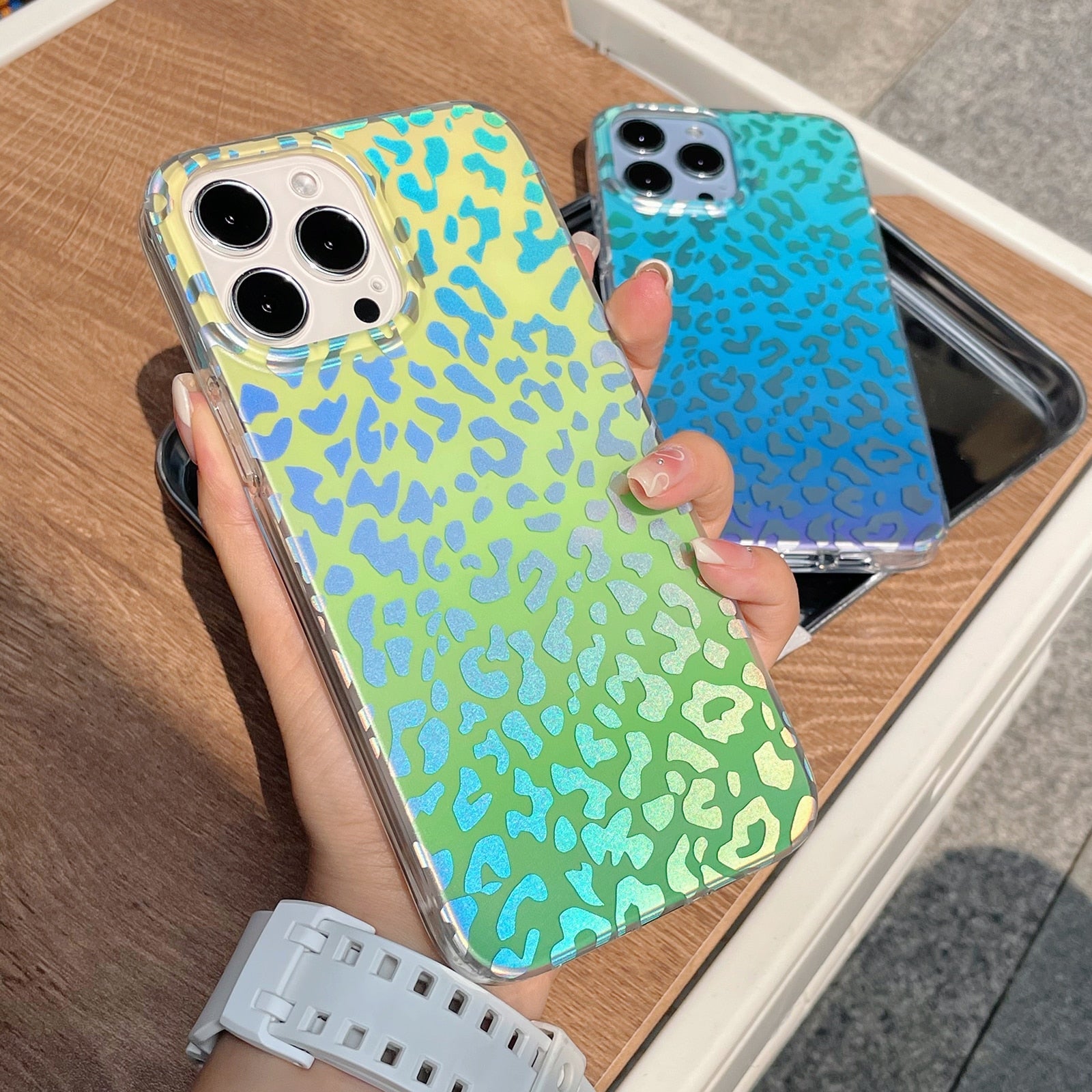 Gradient Rainbow Laser Leopard iPhone Case-Fonally-
