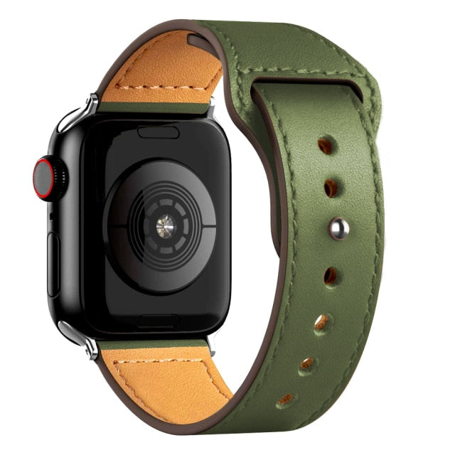 Leather Bands for New Apple Watch Series-Fonally-Cargo Khaki with Silver Metal End-38mm 40mm 41mm-