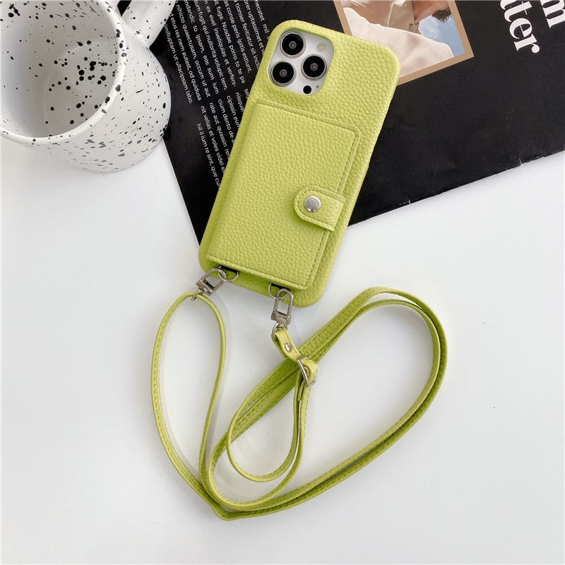 Leather Card Wallet iPhone Case with Crossbody Removable Strap-Fonally-For iPhone 14-Green-