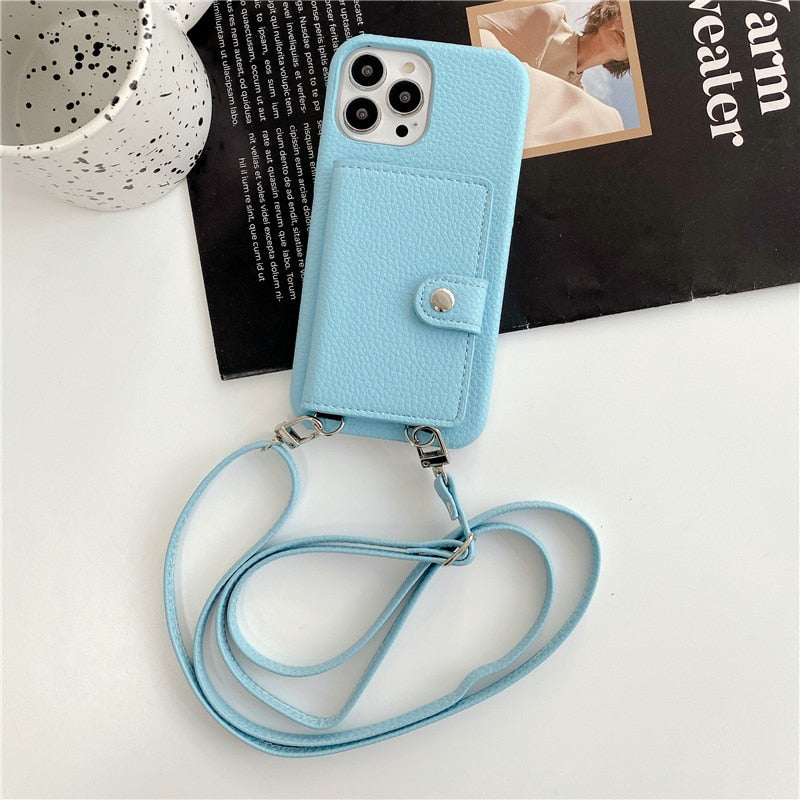 Leather Card Wallet iPhone Case with Crossbody Removable Strap-Fonally-For iPhone 14-Sky blue-