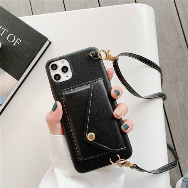 Leather Wallet iPhone Case with Leather Strap-Fonally-For iPhone 13 Pro Max-Black-