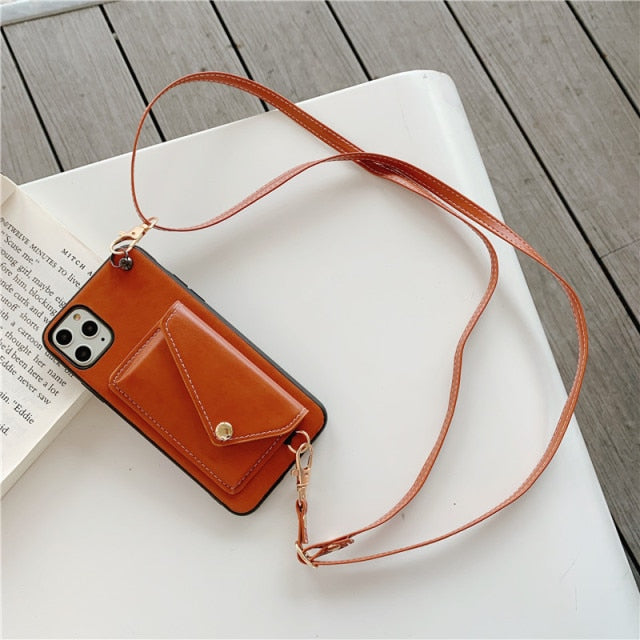 Leather Wallet iPhone Case with Leather Strap-Fonally-For iPhone 13 Pro Max-Khaki-