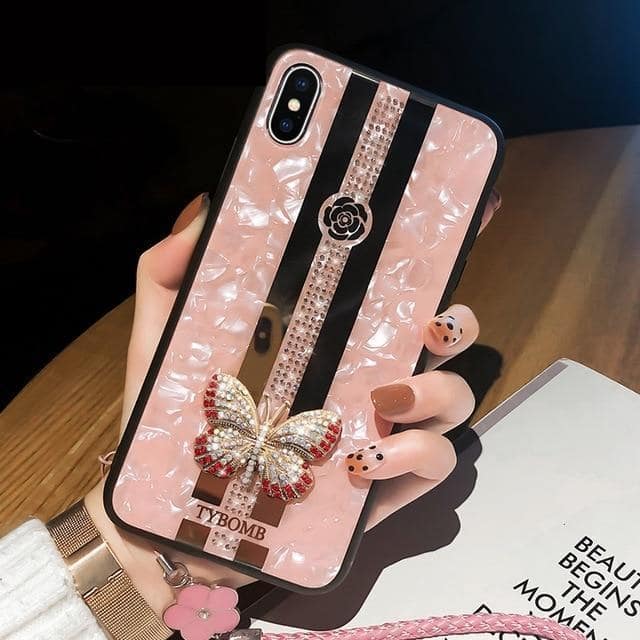 Luxurious Embedded Butterfly iPhone Case-Fonally-For iPhone 11Pro Max-Pink Case + Strap-