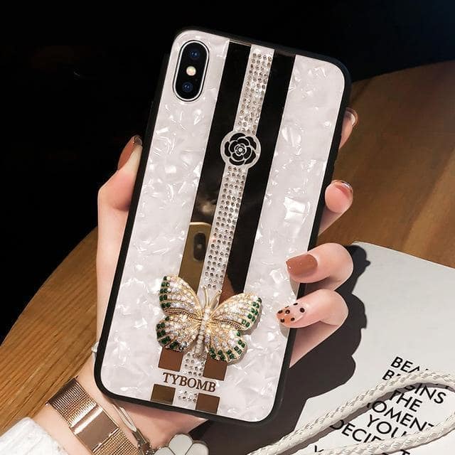 Luxurious Embedded Butterfly iPhone Case-Fonally-For iPhone 11Pro Max-White Case + Strap-