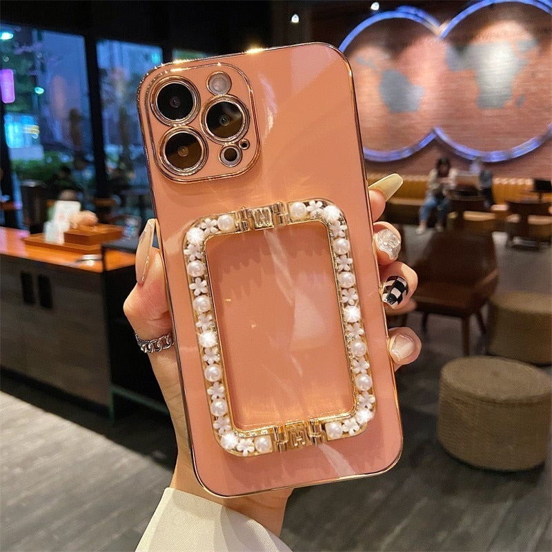 Pearl Flower Holder Plated iPhone Case-Fonally-For iPhone 12 Pro Max-Bean Pink-