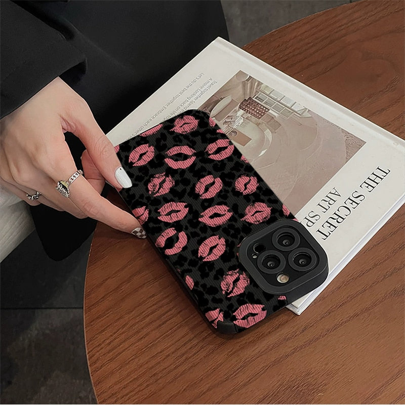 Pink Lips Kiss Leopard Print iPhone Case-Fonally-