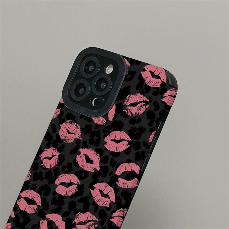 Pink Lips Kiss Leopard Print iPhone Case-Fonally-