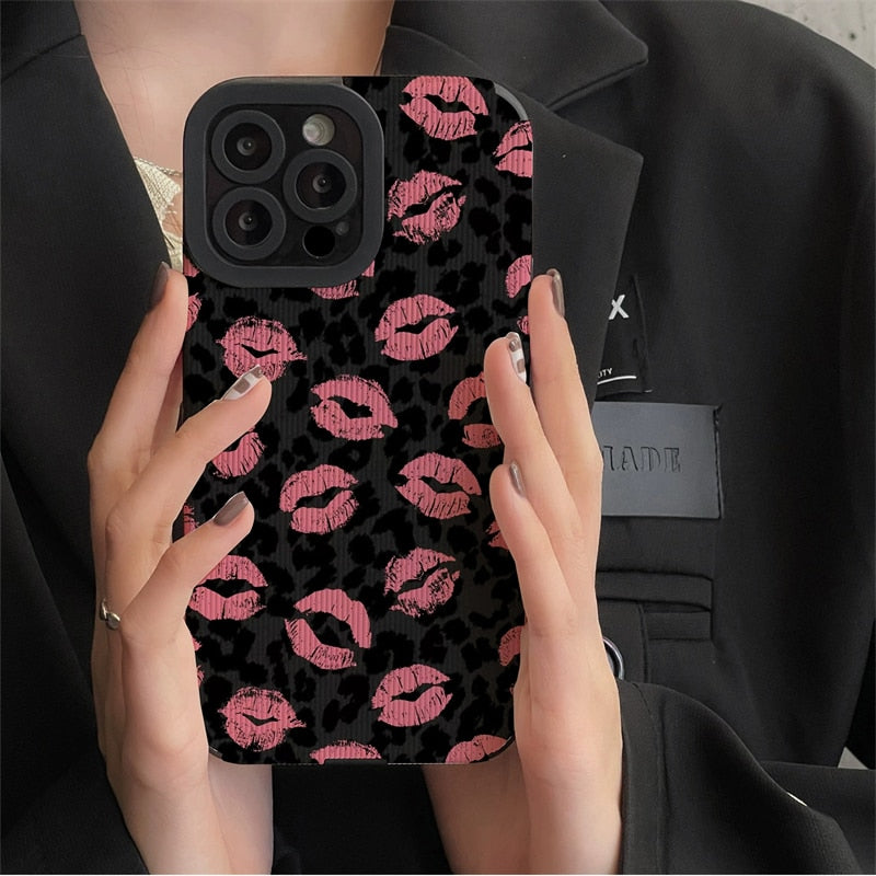 Pink Lips Kiss Leopard Print iPhone Case-Fonally-