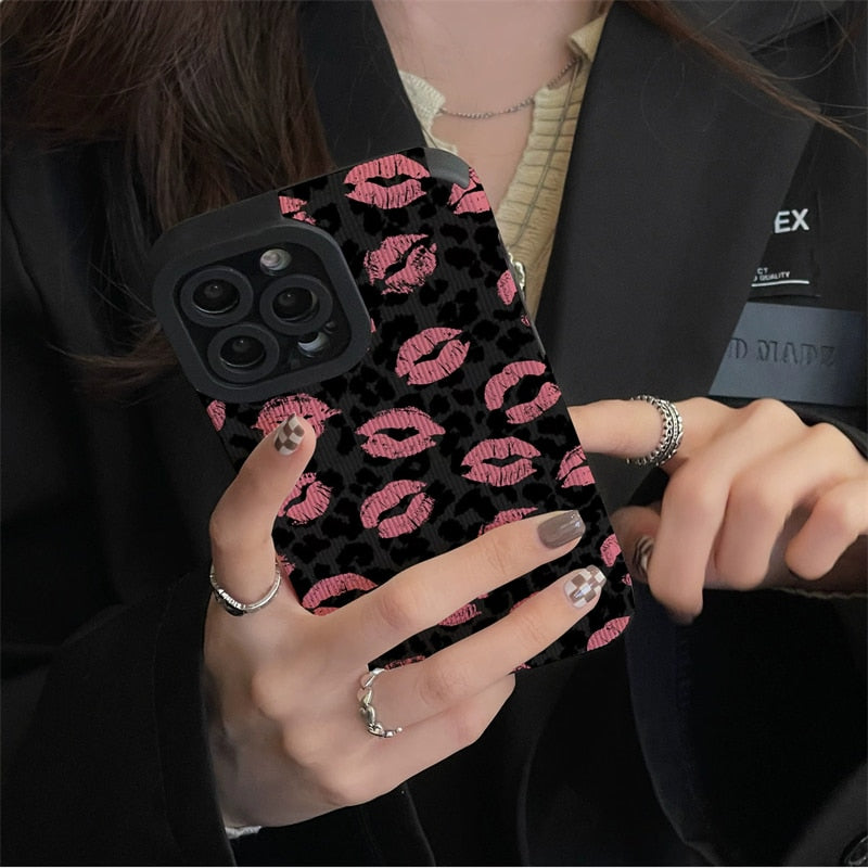 Pink Lips Kiss Leopard Print iPhone Case-Fonally-