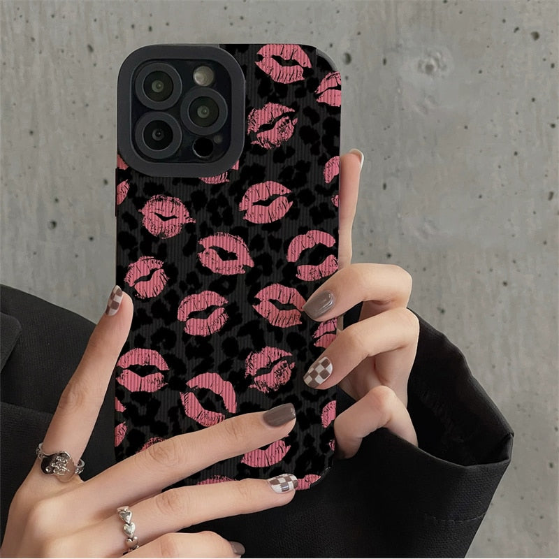 Pink Lips Kiss Leopard Print iPhone Case-Fonally-