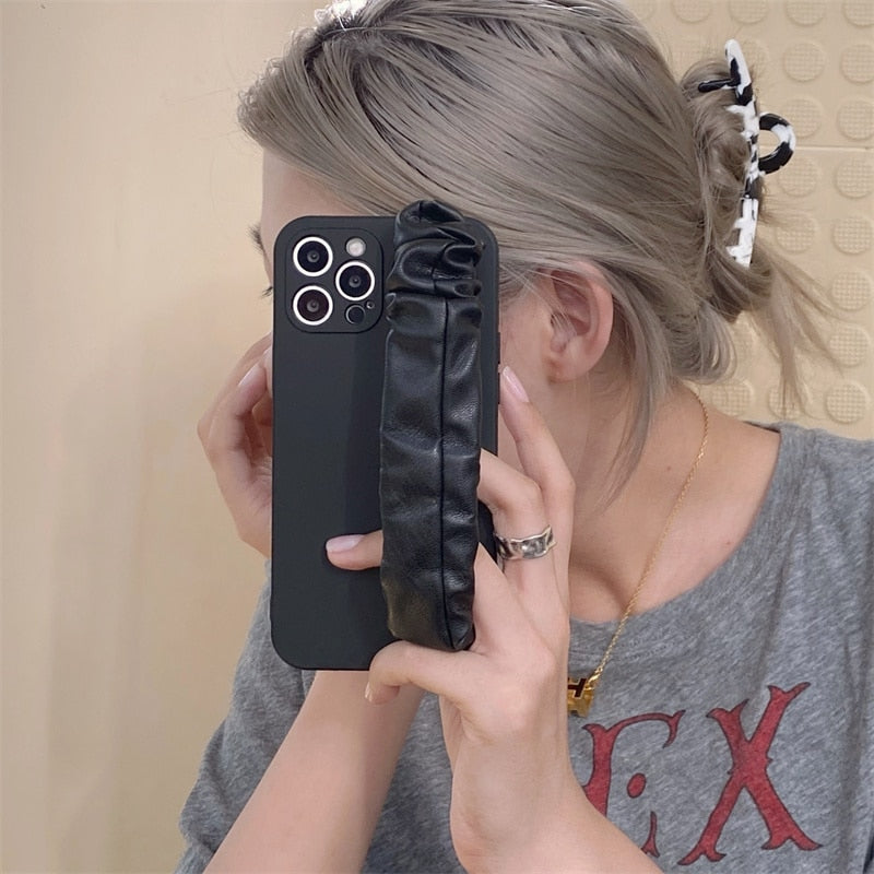 Pleated Leather Wristband iPhone Case-Fonally-For iPhone 12 Pro Max-Black-