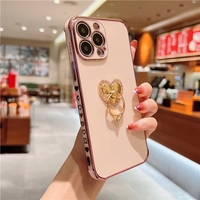 Rhinestone Heart Ring iPhone Case-Fonally-For iPhone 15 Pro-Pink-