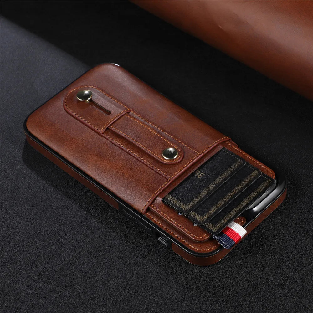 Slider Wallet Leather iPhone Case with Sliding Finger strap
