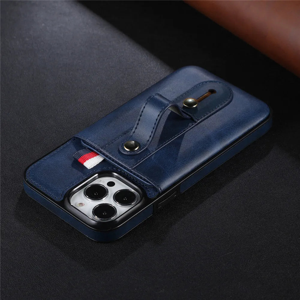 Slider Wallet Leather iPhone Case with Sliding Finger strap