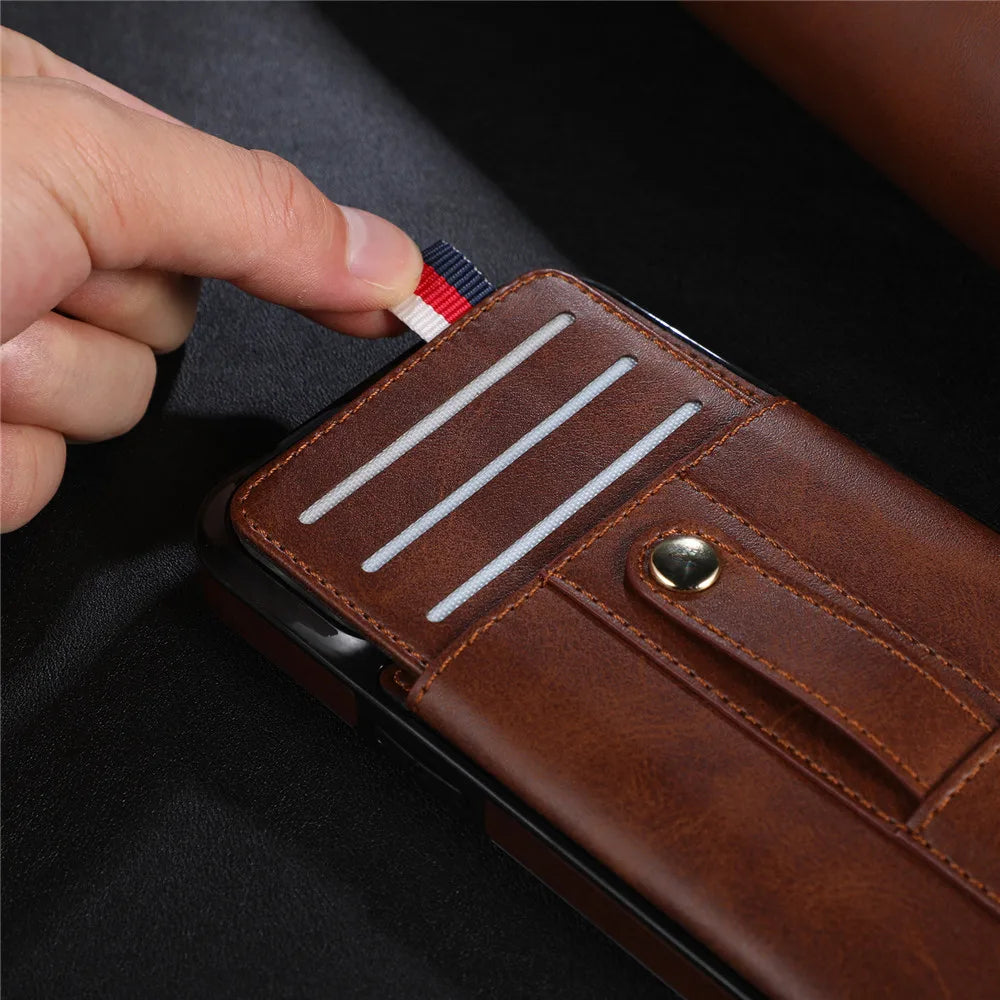 Slider Wallet Leather iPhone Case with Sliding Finger strap