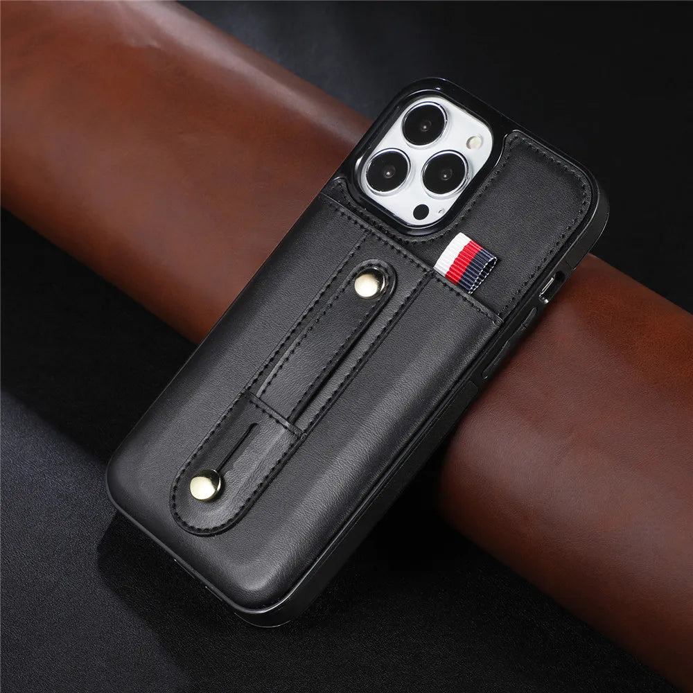 Slider Wallet Leather iPhone Case with Sliding Finger strap
