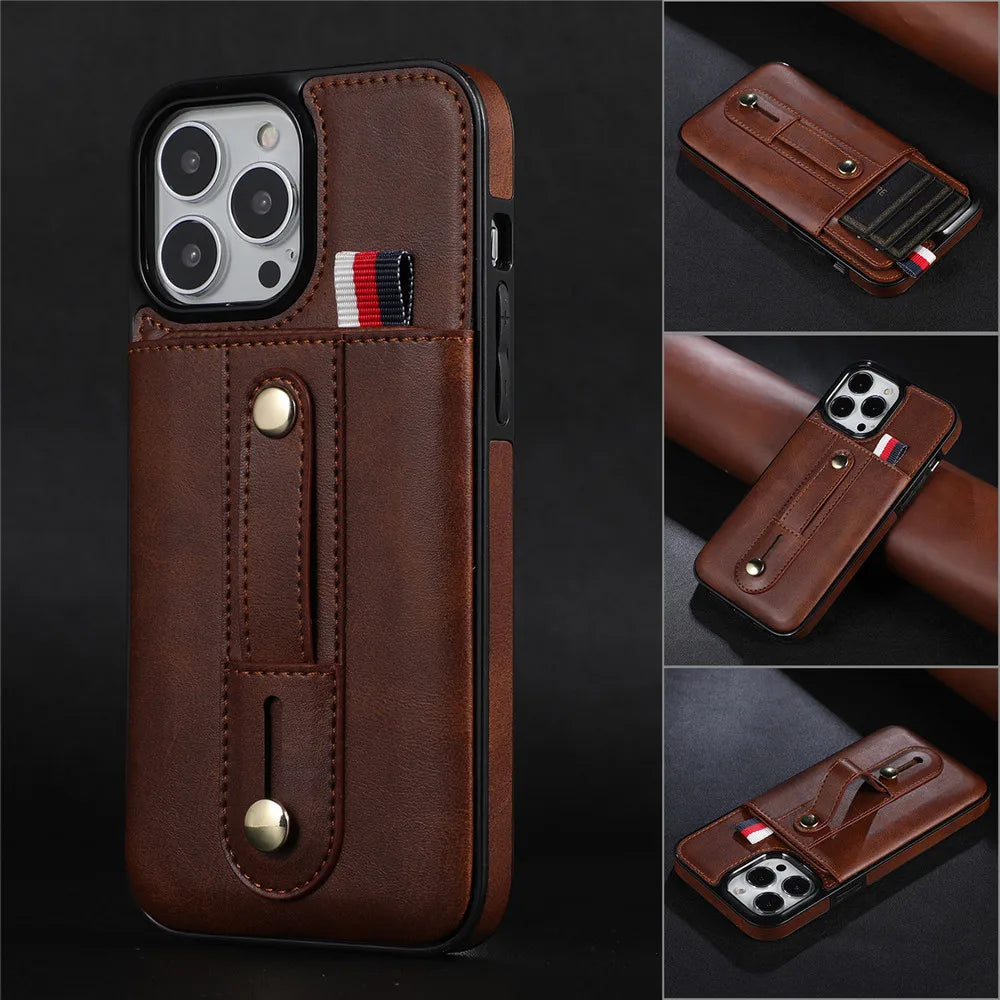Slider Wallet Leather iPhone Case with Sliding Finger strap