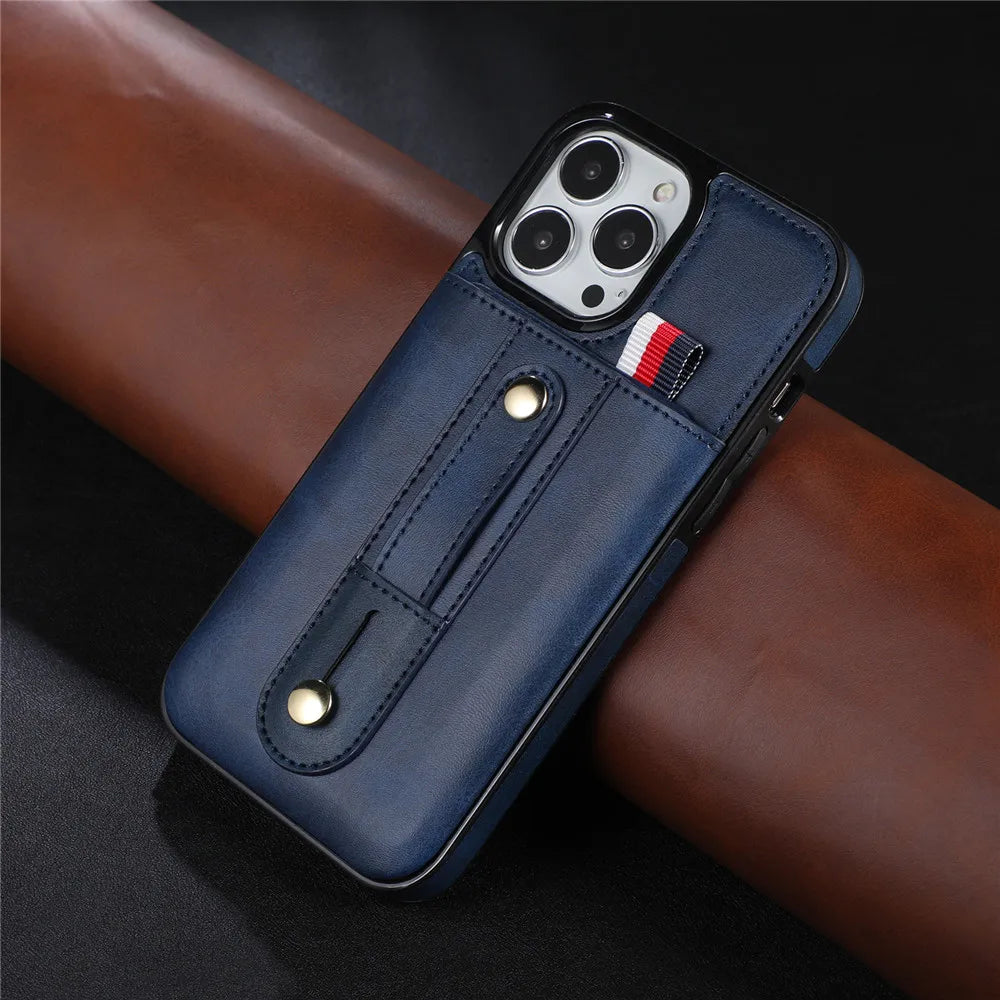 Slider Wallet Leather iPhone Case with Sliding Finger strap