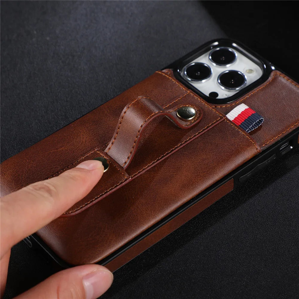 Slider Wallet Leather iPhone Case with Sliding Finger strap