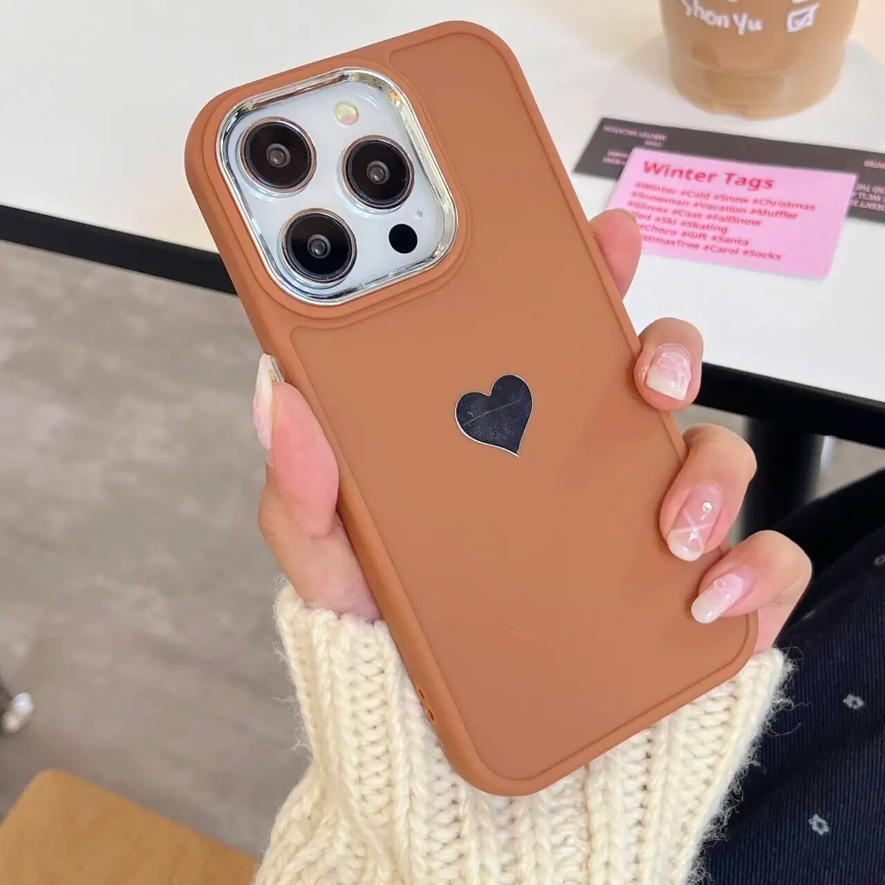 Silver Plated Love Heart iPhone Case-Fonally-For iPhone 15-Brown-