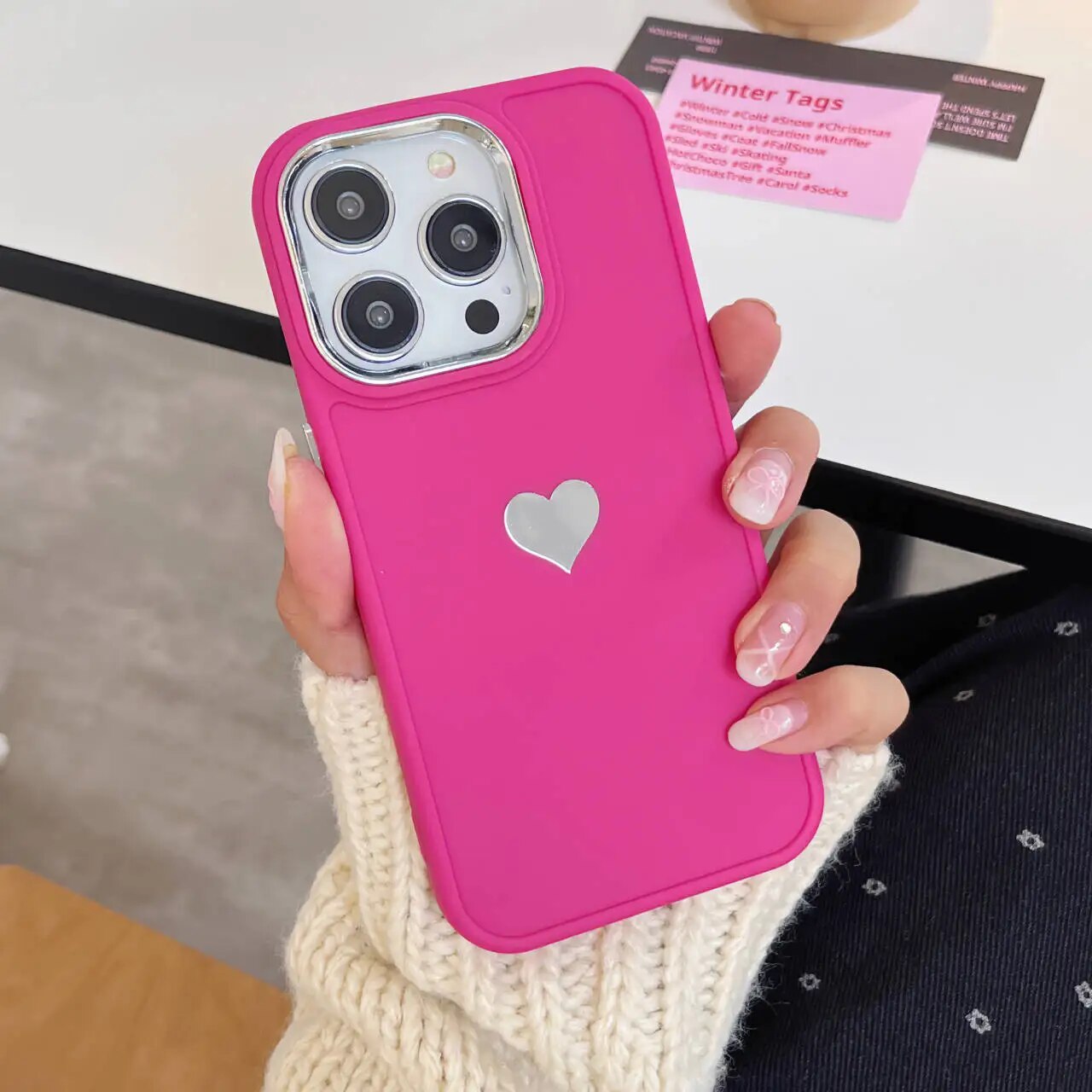 Silver Plated Love Heart iPhone Case-Fonally-For iPhone 15-Rose red-