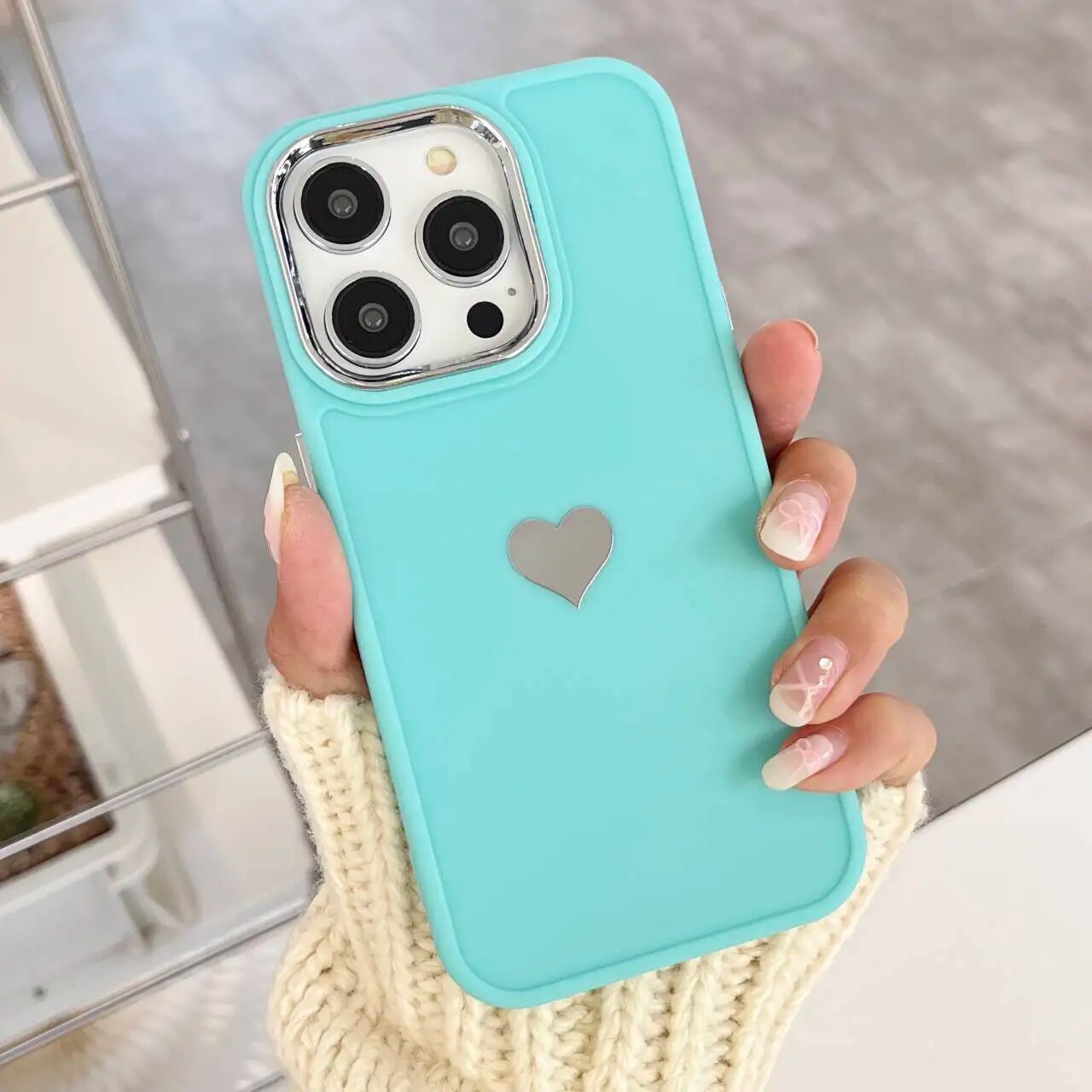 Silver Plated Love Heart iPhone Case-Fonally-For iPhone 15-Sky Blue-