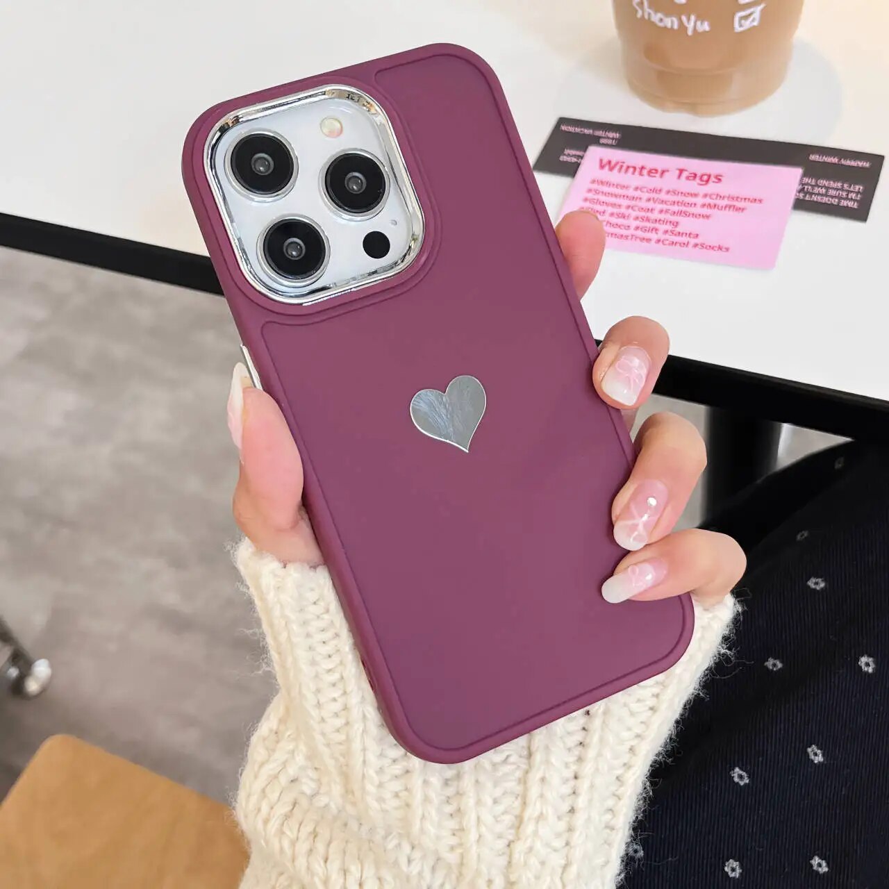 Silver Plated Love Heart iPhone Case-Fonally-For iPhone 15-Wine-