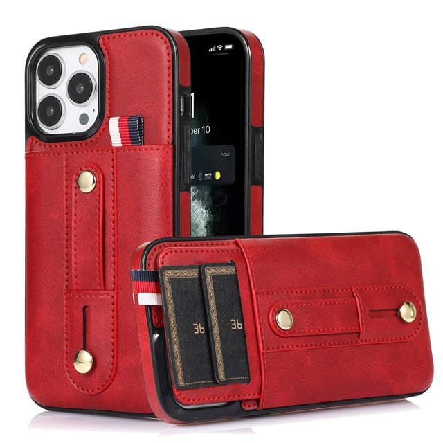 Slider Wallet Leather iPhone Case with Sliding Finger strap-Fonally-For iPhone SE 2022-Red-