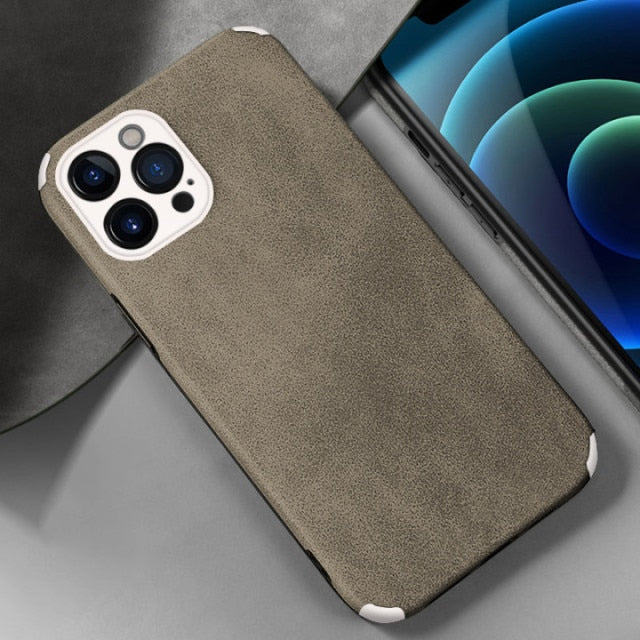 Suede Leather iPhone Case-Fonally-For iPhone 14 Pro Max-Gray White-