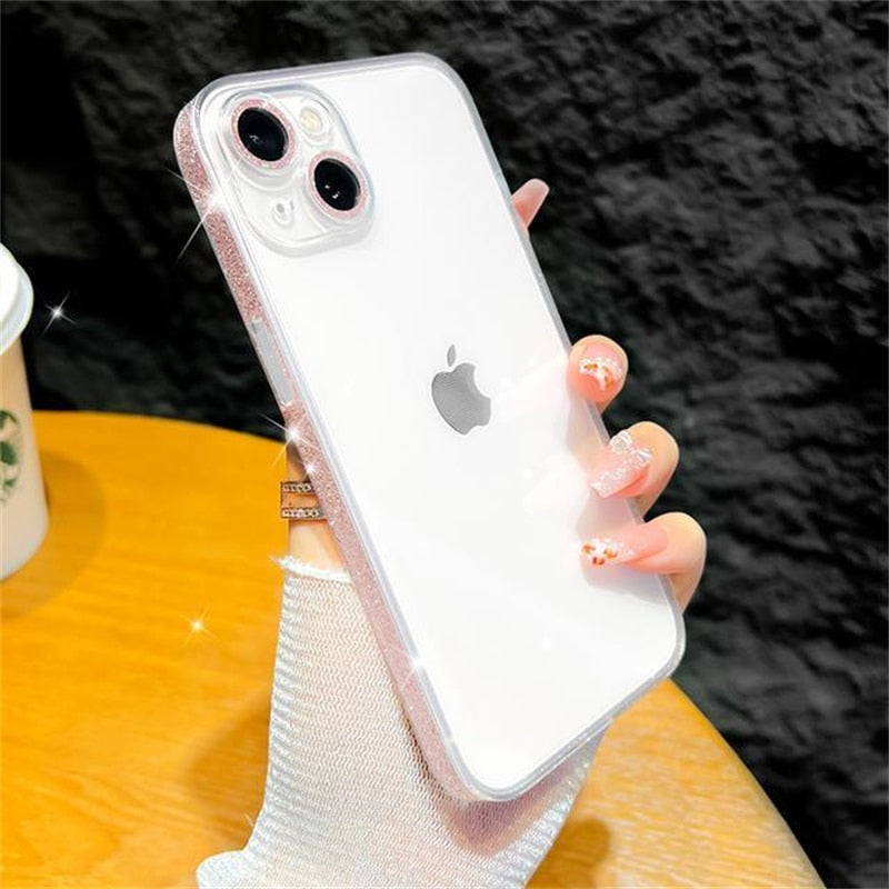 Transparent Glitter Sides and Camera Lens iPhone Case, For iPhone 14 Pro Max / Pink Transparent Glitter Sides and Camera Lens iPhone Case, For iPhone 14 Pro Max / Pink