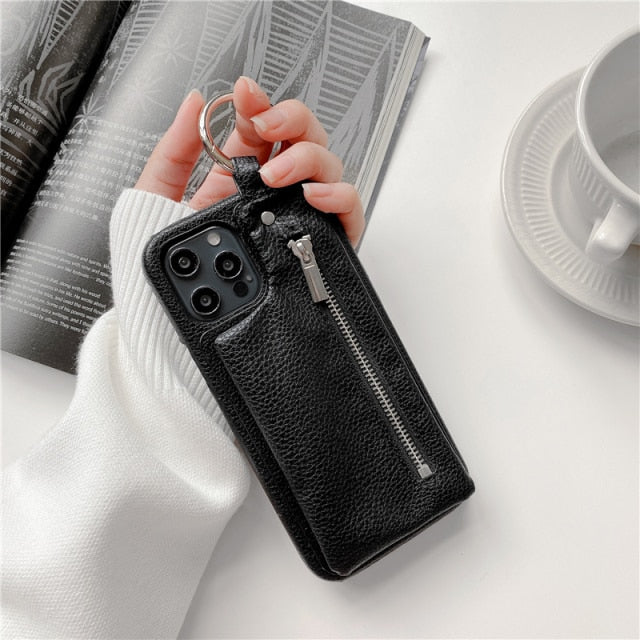 Zipper Wallet iPhone Case-Fonally-For iPhone 13 Pro Max-Black-