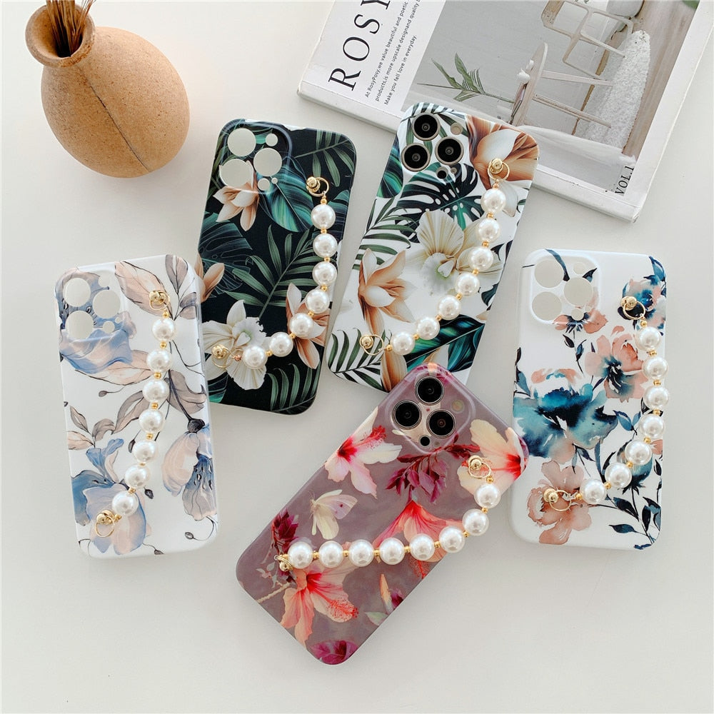 Floral iPhone Case with Pearl Chain-Fonally-