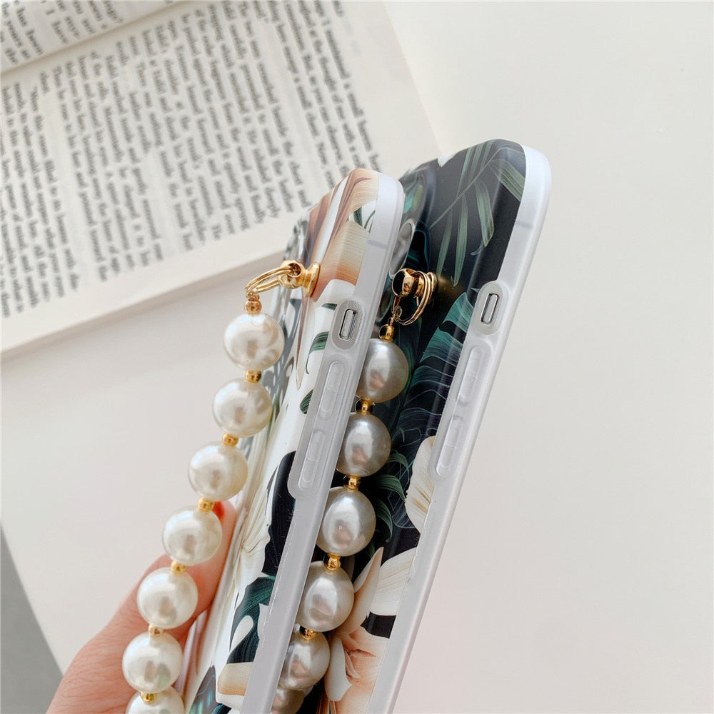 Floral iPhone Case with Pearl Chain-Fonally-