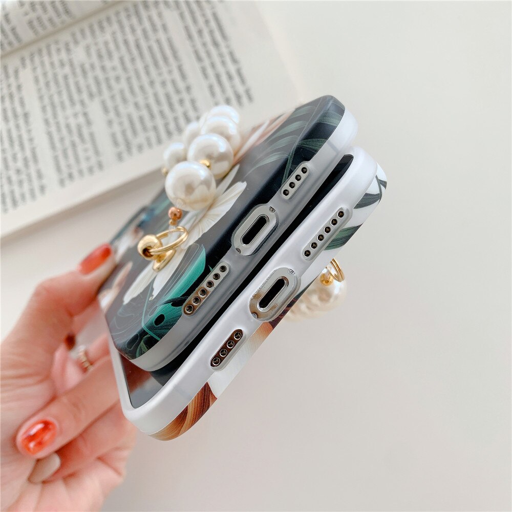 Floral iPhone Case with Pearl Chain-Fonally-