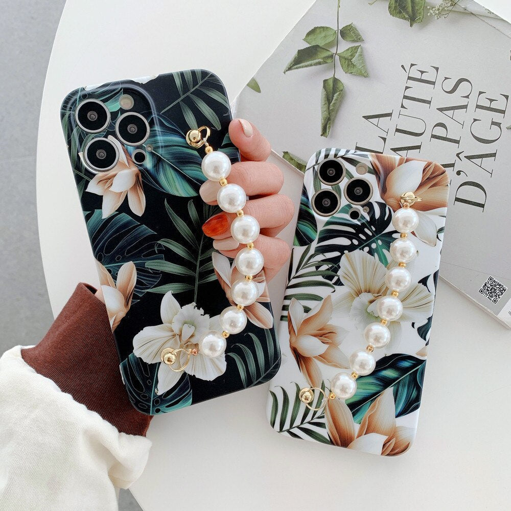 Floral iPhone Case with Pearl Chain-Fonally-