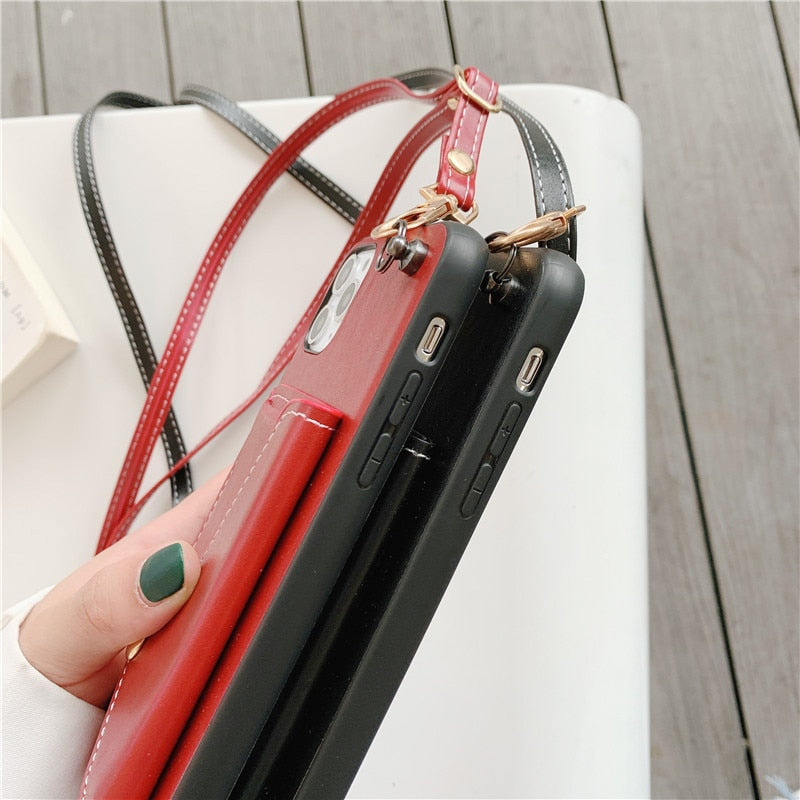 Leather Wallet iPhone Case with Leather Strap-Fonally-
